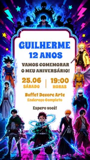 Convite de Aniversário Anime Crossover Neon para Editar