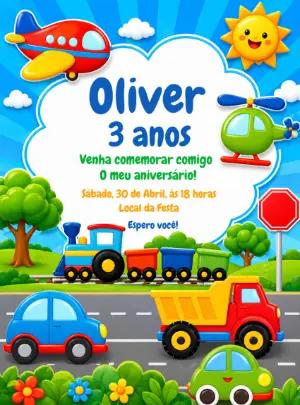 Convite de Aniversário Meios de Transporte Colorido para Editar