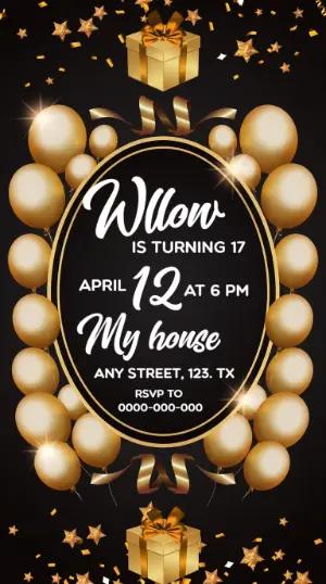 Elegant Black and Gold Birthday Invitation Editable Template