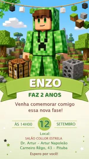 Convite de Aniversário Minecraft Editável para Festa Infantil