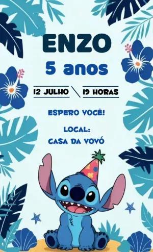 Convite de Aniversário Infantil Stitch Tropical para Editar