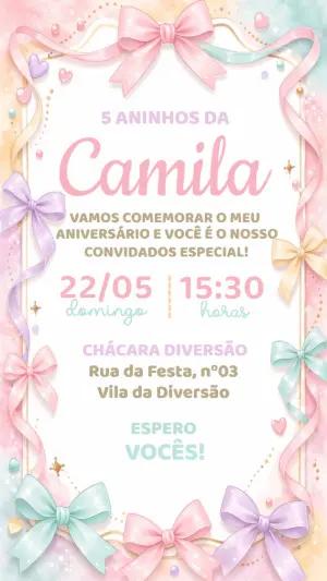 Convite Aniversário Menina Laços Delicados Modelo Editável