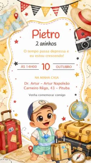 Convite Aniversário Menino Viajante Aquarela Editável