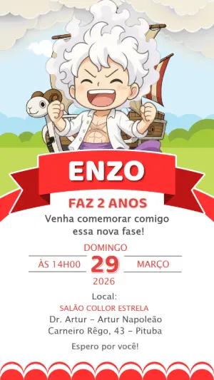 Convite de Aniversário One Piece Luffy Gear 5 Editável