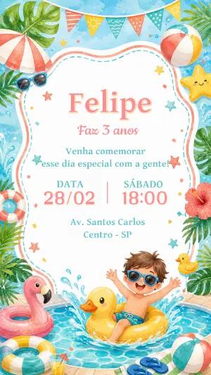 Convite de Aniversário Festa na Piscina Tropical para Editar