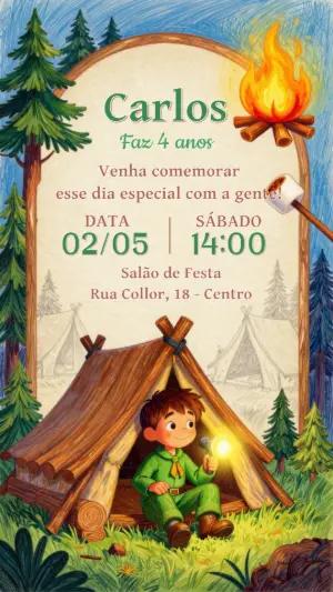 Convite de Aniversário Acampamento Infantil Ilustrado para Editar