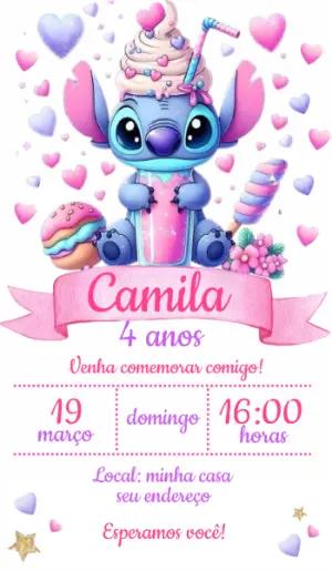 Convite de Aniversário Stitch Fofo Doces Modelo Editável