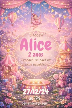Convite de Aniversário Circo Rosa Mágico Modelo Editável
