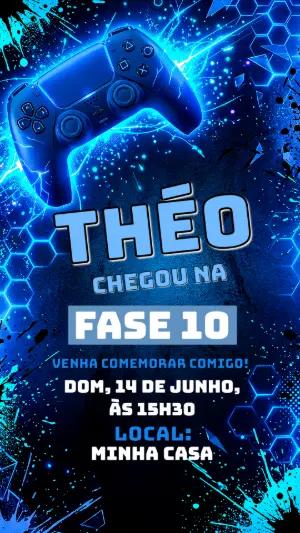 Convite de Aniversário Gamer Neon Azul Modelo Editável