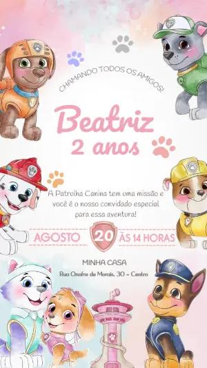 Convite de Aniversário Patrulha Canina Aquarela Editável