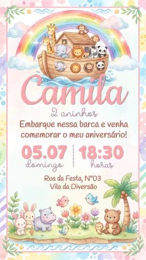 Convite de Aniversário Arca de Noé Aquarela Editável