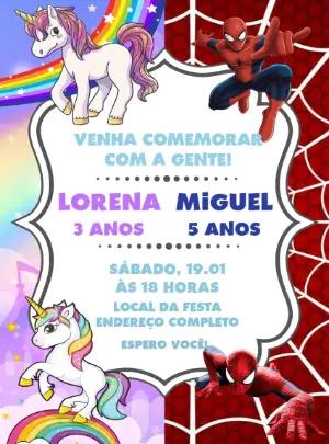 Convite Aniversário Duplo Unicórnio e Homem Aranha para Editar