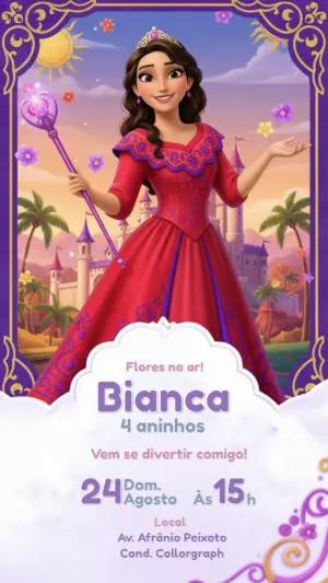 Convite de Aniversário Princesa Elena Roxo e Vermelho Editável
