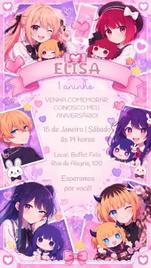 Convite Digital Oshi no Ko Aniversário Menina Editável