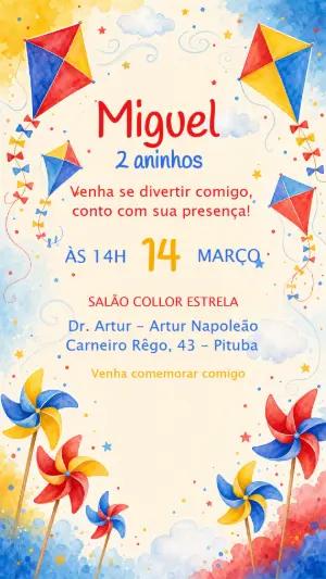 Convite de Aniversário Pipas e Cata-ventos Aquarela Editável