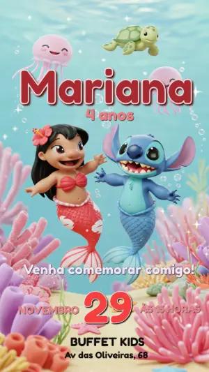 Convite Aniversário Lilo e Stitch Sereia para Editar Online