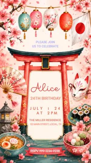 Japanese Cherry Blossom Birthday Invitation | Editable Template