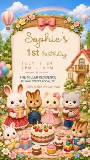 Cute Animal Picnic Birthday Invitation Editable Template