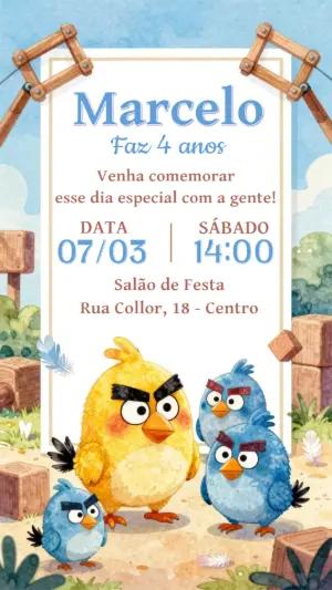 Convite de Aniversário Angry Birds Aquarela para Editar Online