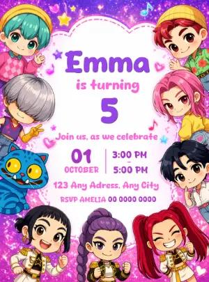 Editable K-pop Saja Boys Chibi Birthday Invitation Template