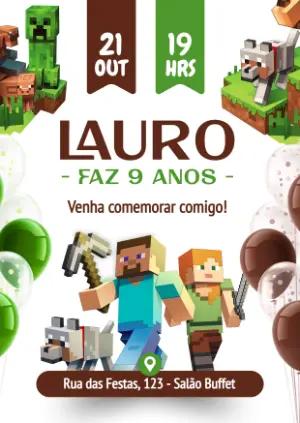 Convite de Aniversário Minecraft com Personagens para Editar Online