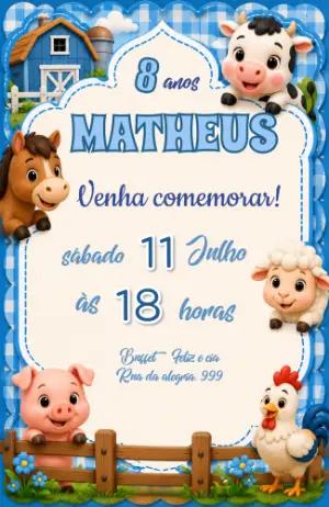 Convite de Aniversário Fazendinha Azul Editável