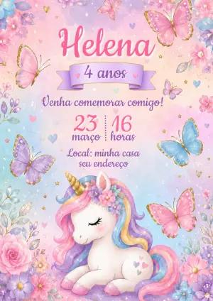 Convite de Aniversário Unicórnio Aquarela para Editar