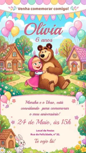 Convite de Aniversário Masha e o Urso Editável