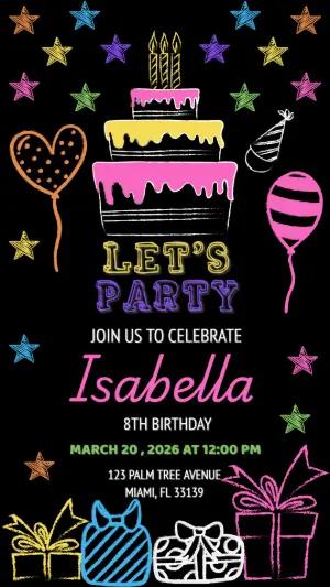 Neon Chalkboard Birthday Invitation Editable Template
