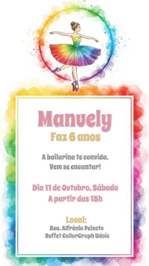Convite Aniversário Bailarina Aquarela Colorida para Editar