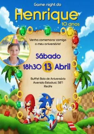 Convite de Aniversário Sonic Game Night Editável com Foto