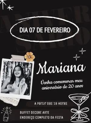 Convite de Aniversário Moderno Preto e Branco Editável com Foto