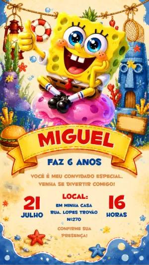 Convite Digital Bob Esponja Aniversário Infantil para Editar