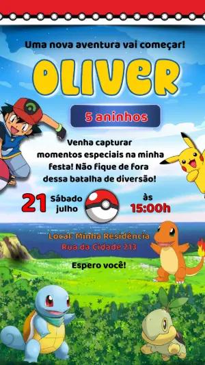 Convite Animado de Aniversário Pokémon: Ash e Pikachu para Editar