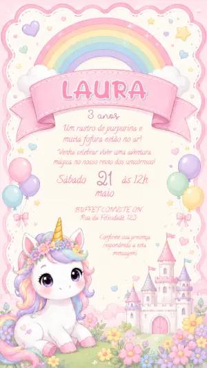 Convite Digital Aniversário Unicórnio Encantado para Editar