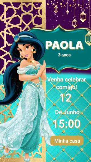 Convite Aniversário Jasmine Tema Árabe Dourado Editável