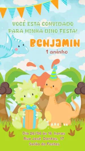 Convite Aniversário Dinossauro Baby Fofo para Editar Online