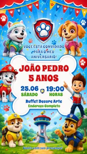Convite de Aniversário Patrulha Canina Colorido para Editar