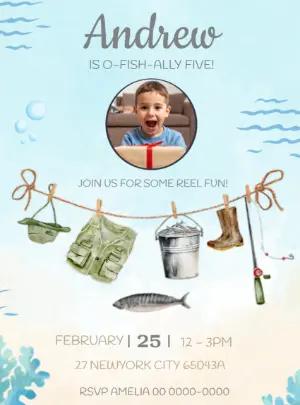 Editable Fishing Theme Birthday Invitation with Photo for Boys