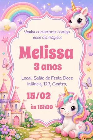 Convite de Aniversário Unicórnio Mágico Modelo Editável