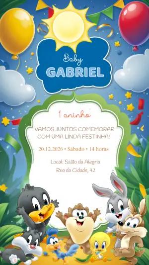Convite de Aniversário Baby Looney Tunes Colorido para Editar