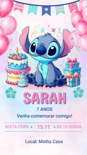Convite de Aniversário Stitch Fofo e Colorido para Editar