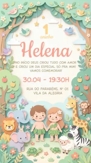 Convite Adão e Eva Infantil Estilo Paper Cut Editável