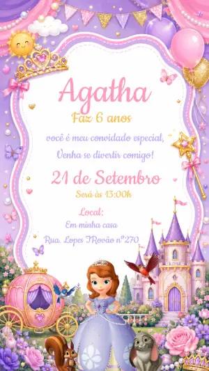 Convite de Aniversário Princesa Sofia Roxo e Dourado Editável