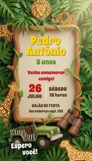 Convite de Aniversário Infantil Safari 3D Modelo Editável