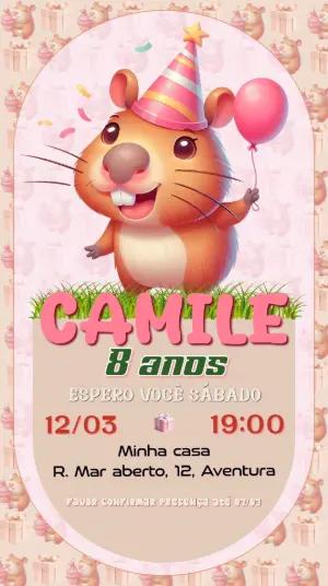 Convite de Aniversário Capivara Fofo para Editar