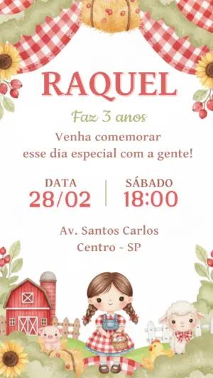 Convite de Aniversário Fazendinha Menina Aquarela para Editar