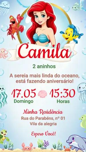 Convite de Aniversário Pequena Sereia Editável para Personalizar