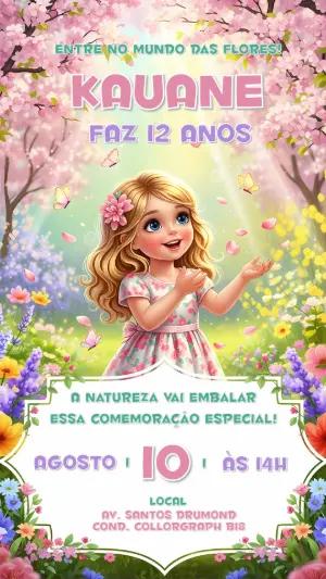 Convite Aniversário Jardim Encantado com Menina Loira para Editar
