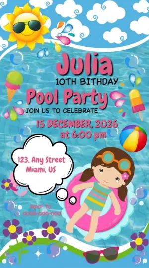 Editable Girl's Pool Party Birthday Invitation Template